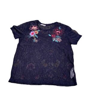 Zara Womens Blue Sheer Lace Floral Embroidered Short Sleeve Top S Coquette Fairy